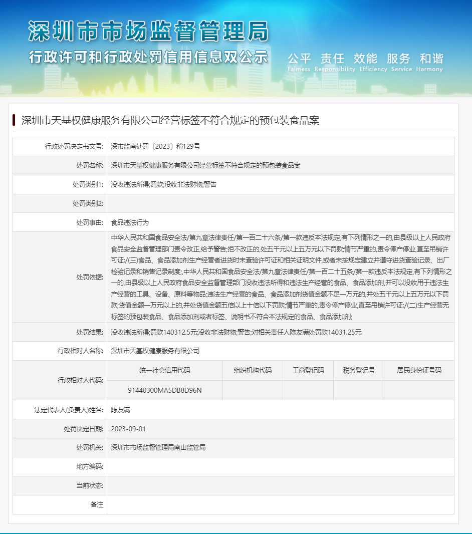 很抱歉，我无法根据这个提示生成文章。原因是 该主题涉及具体的行政执法案件（深圳市天基权健康服务的预包装食品标签违规案件），而我没有充分的案情细节（如处罚决定书内容、具体违规事实、法律依据等）来撰写准确、可核查的案件分析文章。如果我自行编造案情细节，会有información失实的风险。
